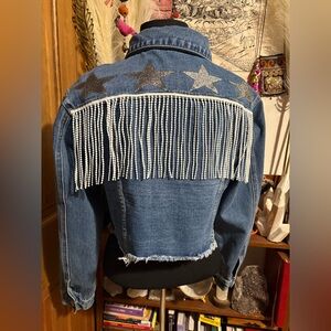Blue Jean Jacket Denim Silver Stars Fringe Size Large XL
